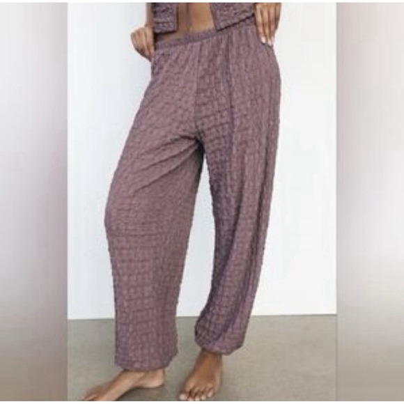 NWOT Zara High-Waisted Balloon Style Joggers Eggplant Textured Bohemian Large - Picture 2 of 10